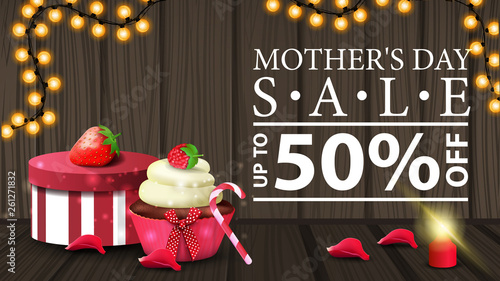Discount banner for women's day with garland, candle, petal, gift, strawberry and cupcake