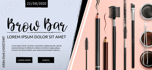Lash and Brow Bar. Makeup. Accessories. Tools for care of the brows. Eyebrows pencil. Angle brush, tweezers and comb. Banner for professional makeup artist. Beauty shop. Vector