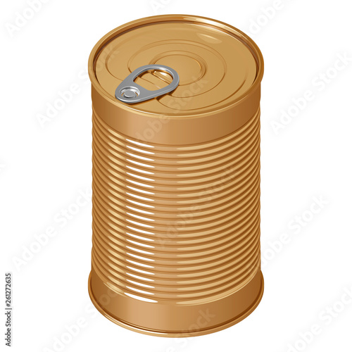 Tin closed can with key, in isometric view, isolated on white background