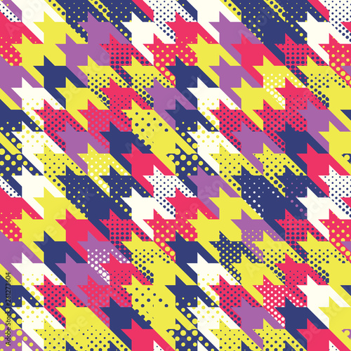 Colored houndstooth with dots screen abstract vector seamless pattern