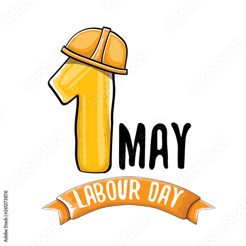 Cartoon Happy labour day vector label isolated on white. vector happy labor day background or banner with engineer helmet, hummer and wrench. workers may day poster