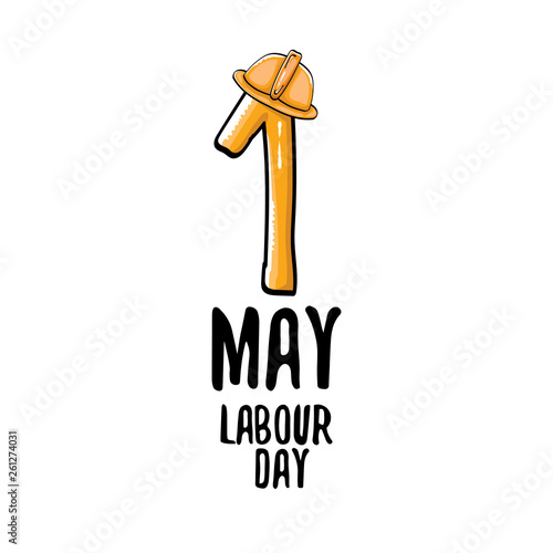 Cartoon Happy labour day vector label isolated on white. vector happy labor day background or banner with engineer helmet, hummer and wrench. workers may day poster