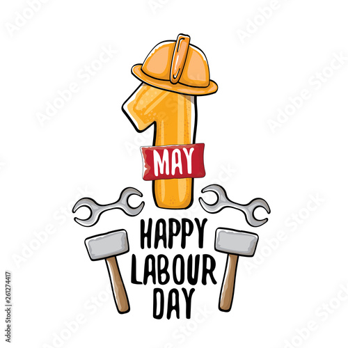 Cartoon Happy labour day vector label isolated on white. vector happy labor day background or banner with engineer helmet, hummer and wrench. workers may day poster
