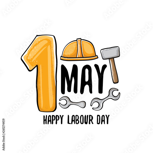 Cartoon Happy labour day vector label isolated on white. vector happy labor day background or banner with engineer helmet, hummer and wrench. workers may day poster