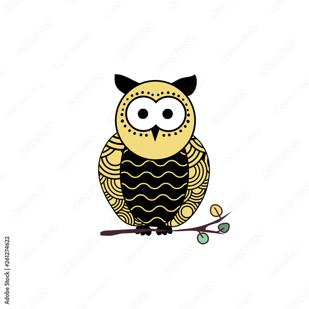 Obraz premium Stylized owl silhouette vector illustration. Night bird black and yellow hand drawn clipart. Mother and child owls ornate drawing. Abstract doodle wild animals. Isolated monochrome design element