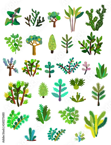 Plants collections with leaves and flowers. Vector graphic illustration