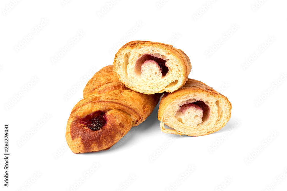 Croissant with jam isolated on white background.