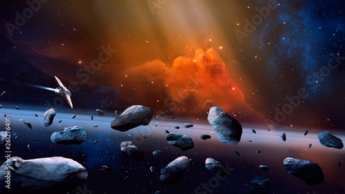 Fototapeta Naklejka Na Ścianę i Meble -  Space scene. Coloful nebula with spaceship and asteroids. Elements furnished by NASA. 3D rendering
