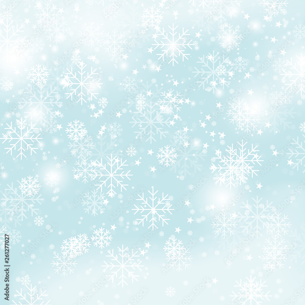 Winter pattern Christmas snowflakes on blue background vector illustration. New Year snowfall seamlessly wallpaper gradient vector image