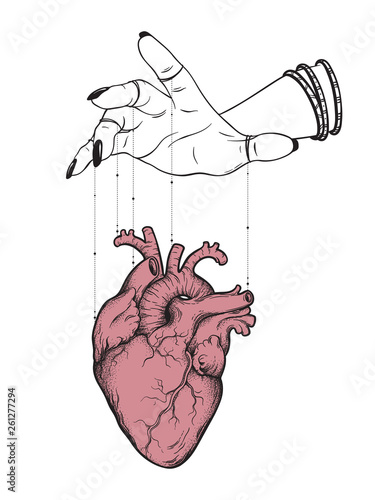 Puppet masters hand controls human heart isolated. Sticker, print or blackwork tattoo hand drawn vector illustration.