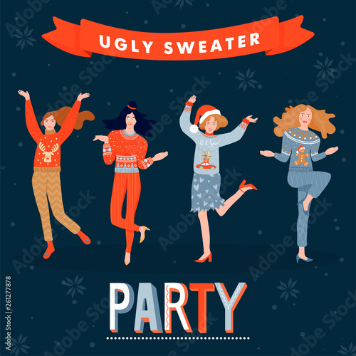 Christmas and Happy New Year banner template on ugly sweater party. Card with happy womans in sweaters. Vector illustration.