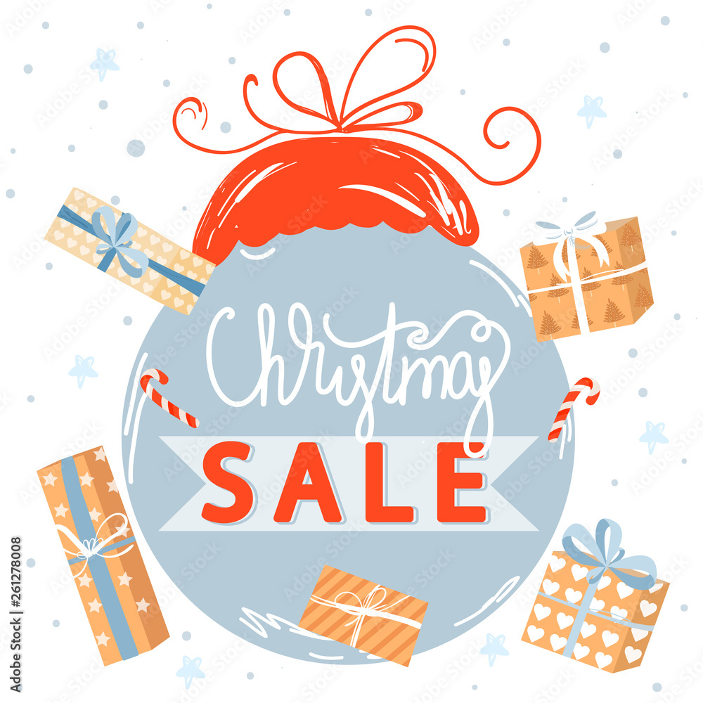 Fototapeta premium Christmas shopping. Christmas and Happy New Year sales poster. Sale illustration with Christmas tree toy and gifts. Vector illustration.