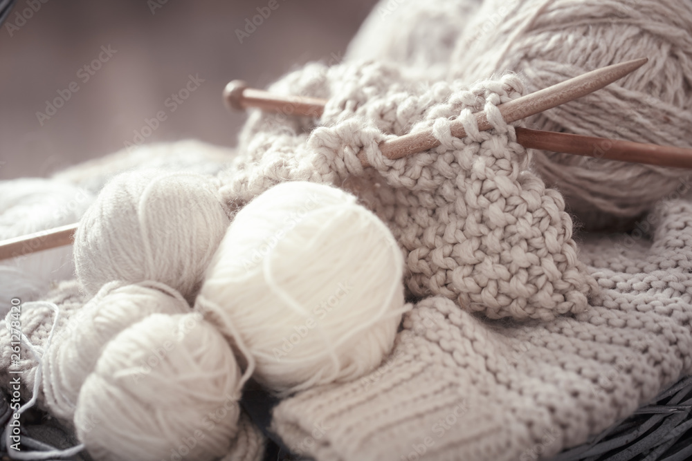 The macro concept of knitting wool and needles The macro concept of knitting wool and needles
