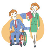 談笑しながら歩く車椅子の男性と女性の若いビジネスマン
