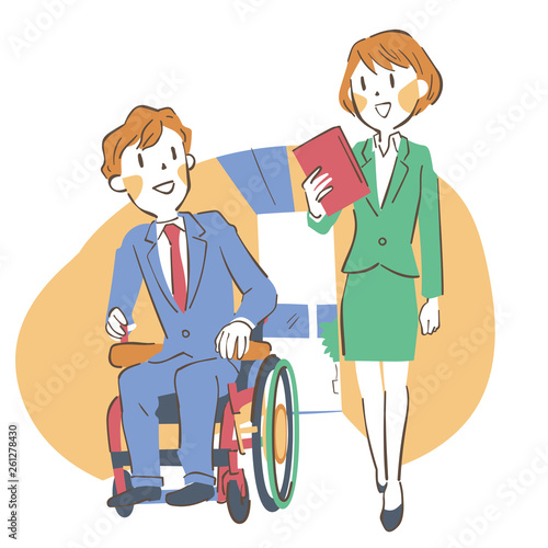 談笑しながら歩く車椅子の男性と女性の若いビジネスマン