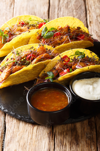Corn tacos filled with glazed chicken, microgreen and vegetables served with sauces close-up. vertical