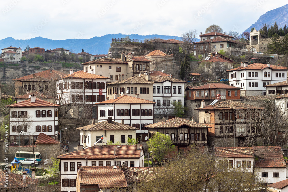 Clean perspective wide photo of old town situated on the hill in Safranbolu, Turkey