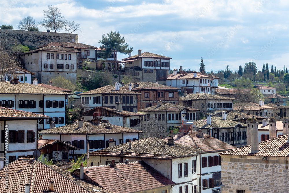 Beautiful wide photo of old houses situated on the hill in Safranbolu, Turkey