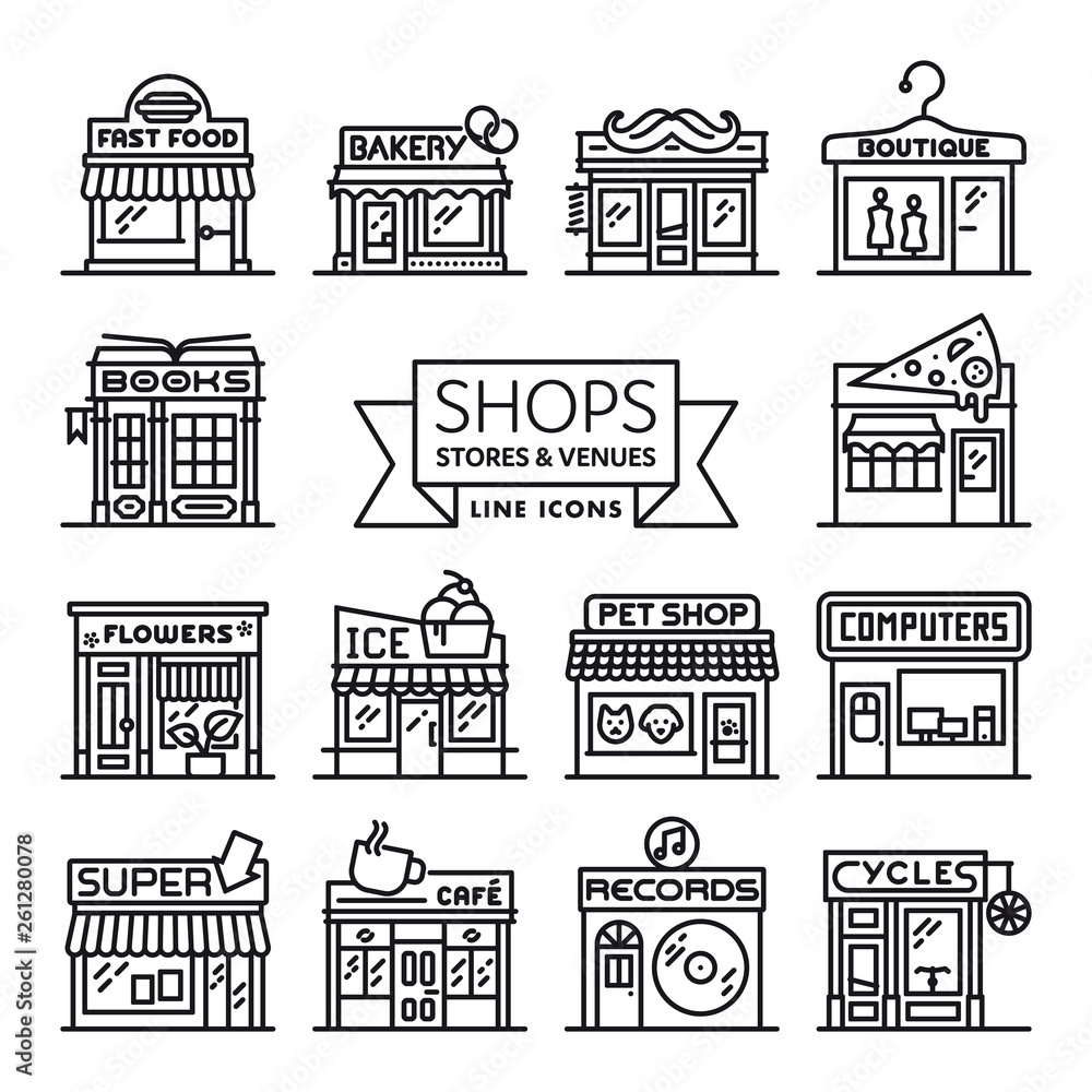 Shops, stores and venues line icons vector illustration