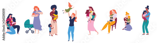 Multicultural group of mothers with kids collection. Women and children figures. Flat color illustration.