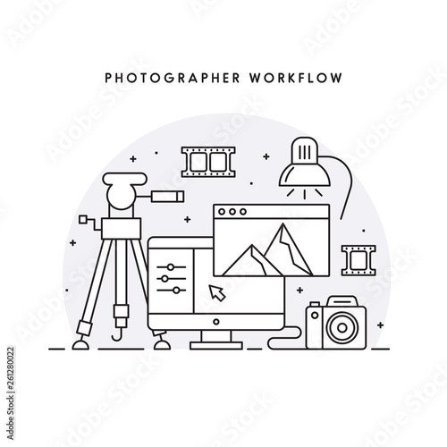 Photographer workplace. Photo processing. Black and white modern line art vector illustration for the web site. The photographer's workflow. 