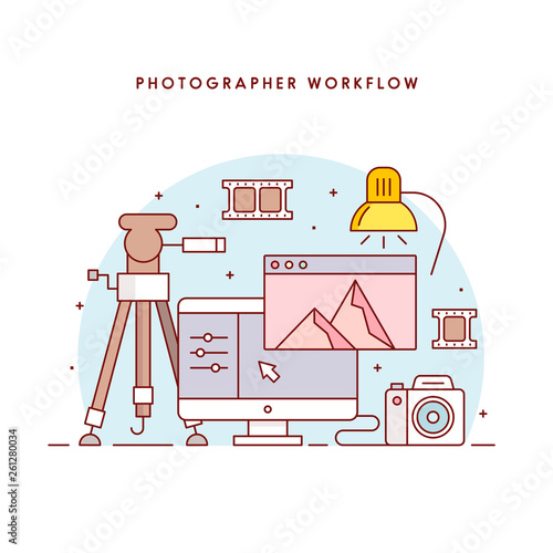 Photographer workplace. Photo processing. The modern line art vector illustration for the web site. The photographer's workflow. 
