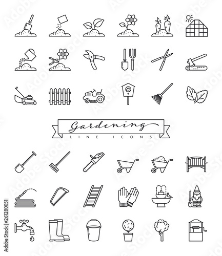 Gardening symbols and equipment line icons vector illustration