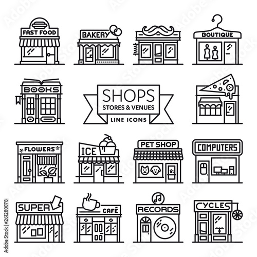 Shops, stores and venues line icons vector illustration