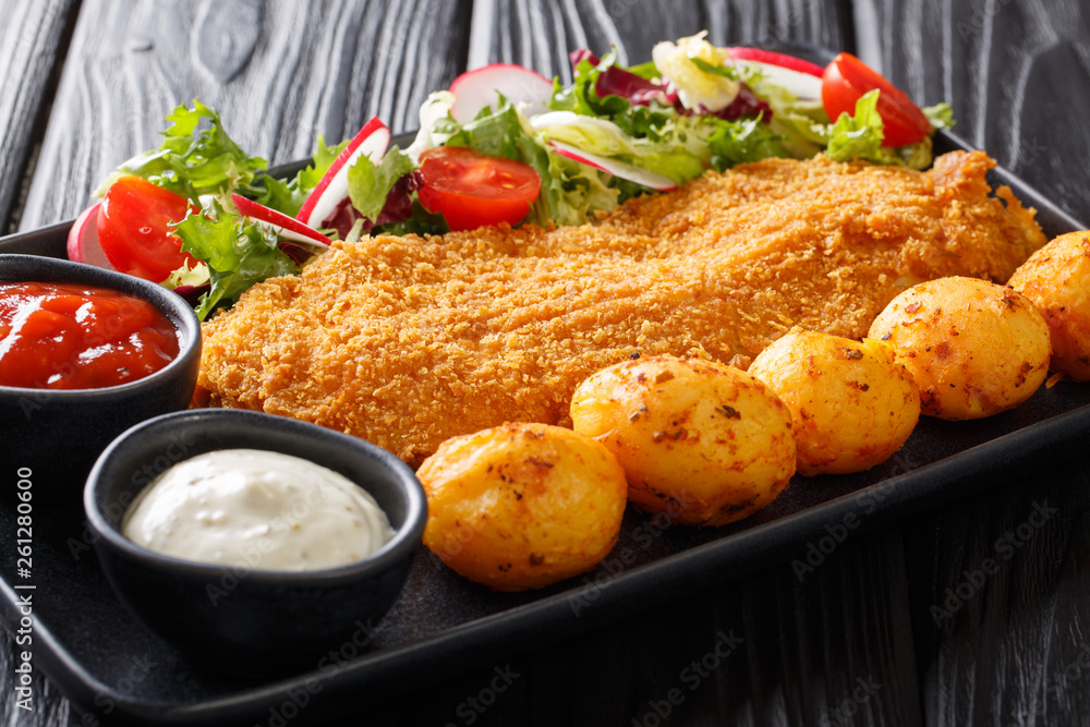 Served cod fillet in breading with new potatoes and fresh vegetable salad close-up on a plate. horizontal Served cod fillet in breading with new potatoes and fresh vegetable salad close-up on a plate. horizontal
