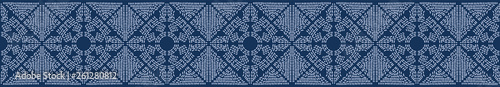 Indigo blue sashiko hand stitch seamless border pattern. Modern japanese style vector illustration. Denim quilt template design. Hand drawn banner ribbon trim. Masculine fashion home decor backdrop.