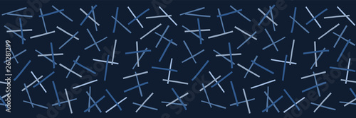 Indigo blue graphic ditsy pick up sticks seamless border pattern. Modern confetti line vector illustration. Denim graphic design. Hand drawn banner ribbon trim. Masculine fashion, celebration backdrop