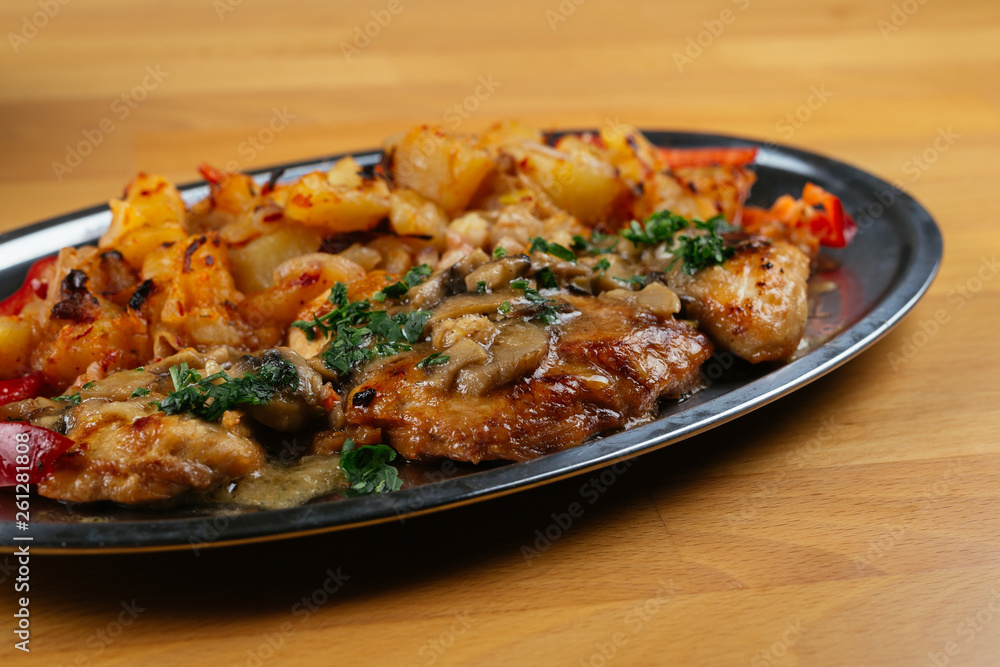 Close up of delicious food on wooden table.