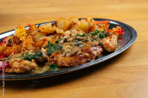 Close up of delicious food on wooden table.