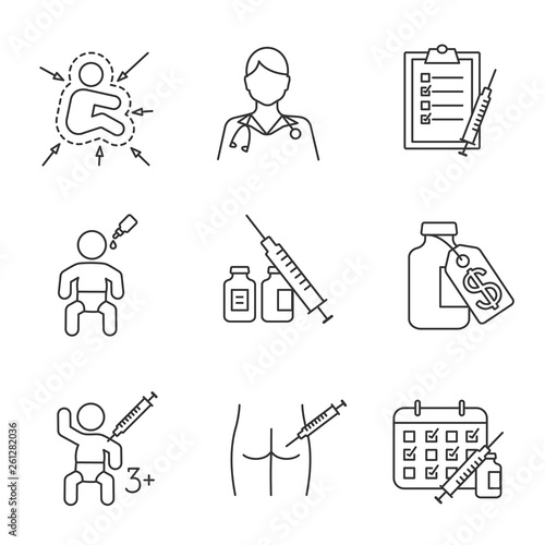 Vaccination and immunization linear icons set
