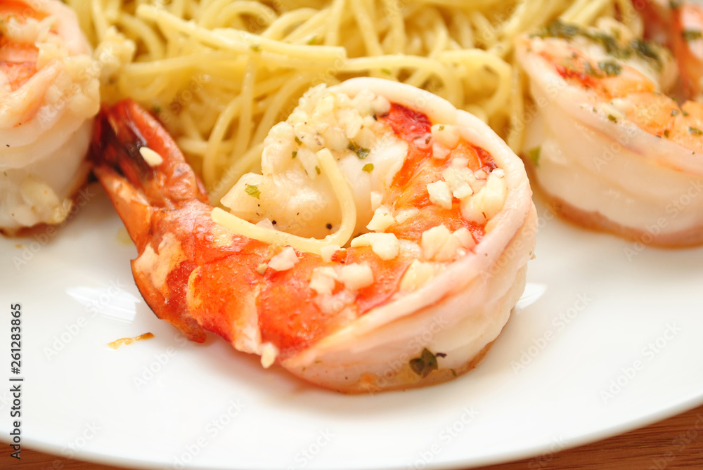 Close Up of Jumbo Tiger Shrimp Scampi & Pasta Close Up of Jumbo Tiger Shrimp Scampi & Pasta