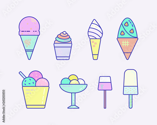 Set of sundae colorful icons line ice cream. Cute hand drawn different types of ice cream. Collection of sweet desserts for cafe or restaurant menu. Vector illustration