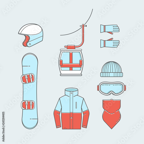 The vector set of equipment for snowboarding. Clothing, accessories and safety equipment.  Skiing and snowboarding