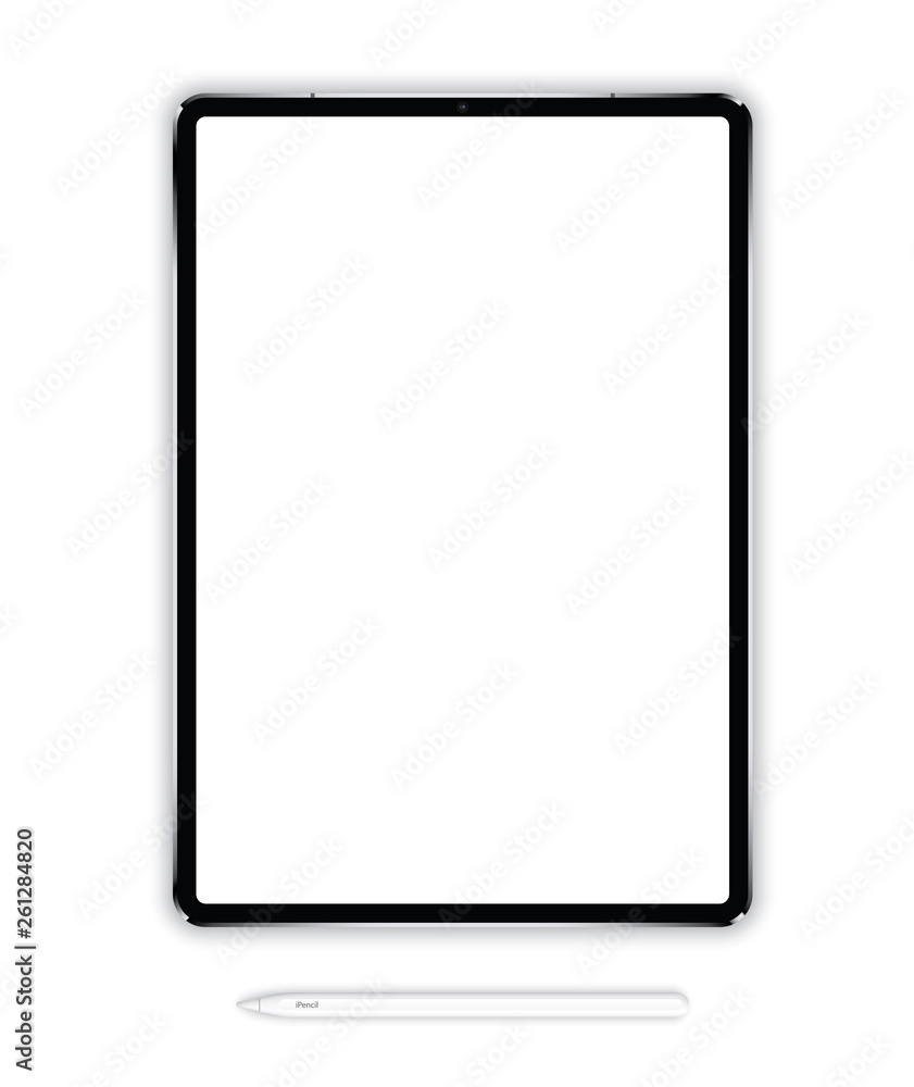 Vector illustration of a tablet of a new generation in a vertical plane with an electronic pencil on a white background. High detail