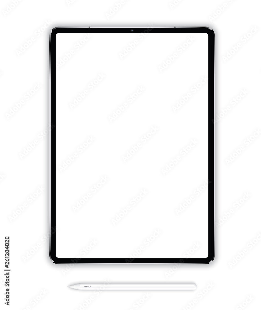 Vector illustration of a tablet of a new generation in a vertical plane with an electronic pencil on a white background. High detail Vector illustration of a tablet of a new generation in a vertical plane with an electronic pencil on a white background. High detail