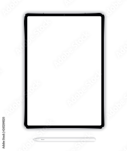 Vector illustration of a tablet of a new generation in a vertical plane with an electronic pencil on a white background. High detail