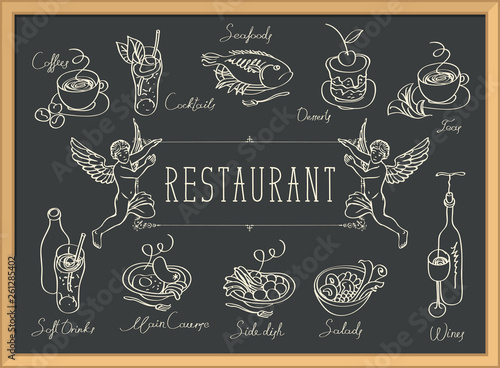 Vector restaurant menu with two angels, sketches of different dishes and handwritten inscriptions on the black background. Contour drawings in retro style. Drawing chalk on the blackboard