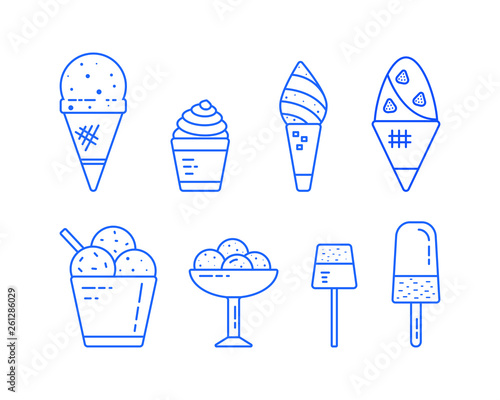 Set of sundae icons line ice cream. Cute hand drawn different types of ice cream. Collection of sweet desserts for cafe or restaurant menu  Vector illustration