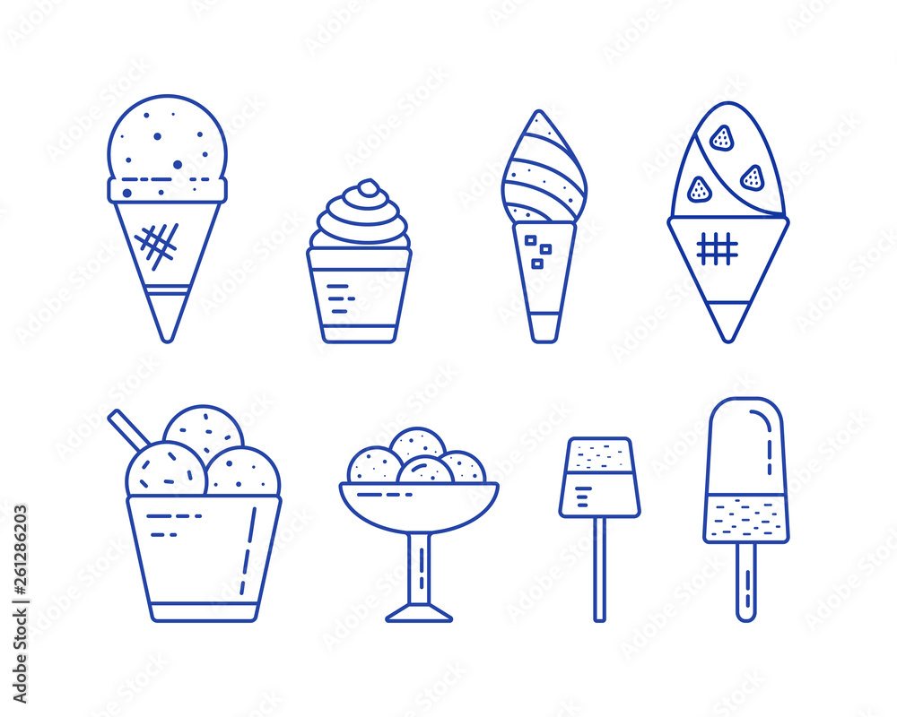 Set of sundae icons line ice cream. Cute hand drawn different types of ice cream. Collection of sweet desserts for cafe or restaurant menu, illustration Set of sundae icons line ice cream. Cute hand drawn different types of ice cream. Collection of sweet desserts for cafe or restaurant menu, illustration