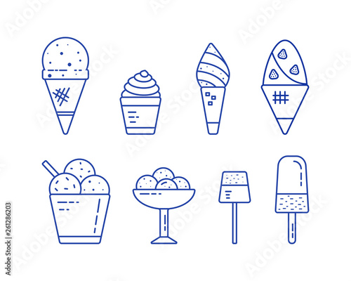 Set of sundae icons line ice cream. Cute hand drawn different types of ice cream. Collection of sweet desserts for cafe or restaurant menu, illustration