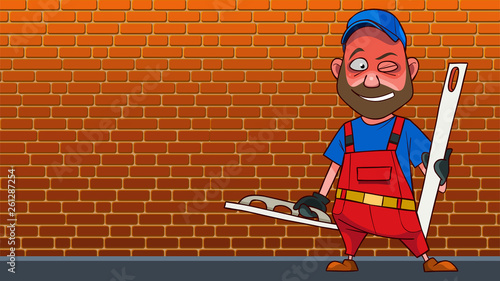cartoon man in red jumpsuit with tools for plaster wall