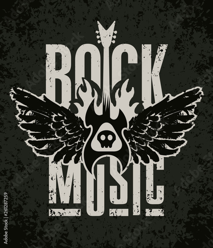 Vector banner with words Rock music, with electric guitar and wings on fire on the abstract black background. Can be used for flyers, posters, t-shirt design, tattoo