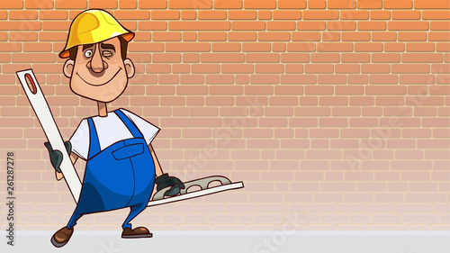 cartoon man in uniform with tools for plaster wall