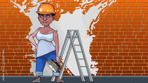 cartoon woman plasterer on a brick wall background with white paint