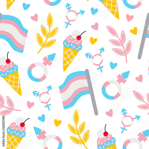 Seamless pattern with trangender signs and symbols. LGBTQ community hand drawn concept