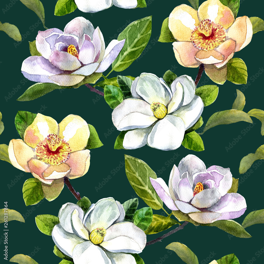 watercolor pattern magnolia flowers, white magnolia, pink and yellow magnolia seamless vintage pattern